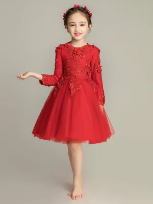 Girls' Long-sleeved Piano Performance Costume Flower Kid's Puffy Yarn Princess Dress