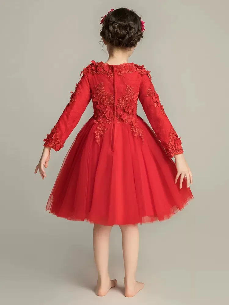 Girls' Long-sleeved Piano Performance Costume Flower Kid's Puffy Yarn Princess Dress