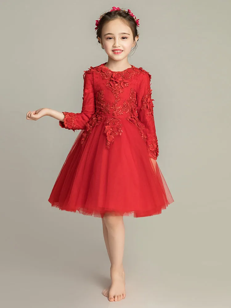 Girls' Long-sleeved Piano Performance Costume Flower Kid's Puffy Yarn Princess Dress