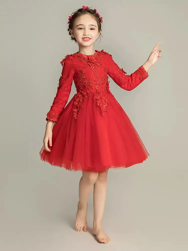 Girls' Long-sleeved Piano Performance Costume Flower Kid's Puffy Yarn Princess Dress