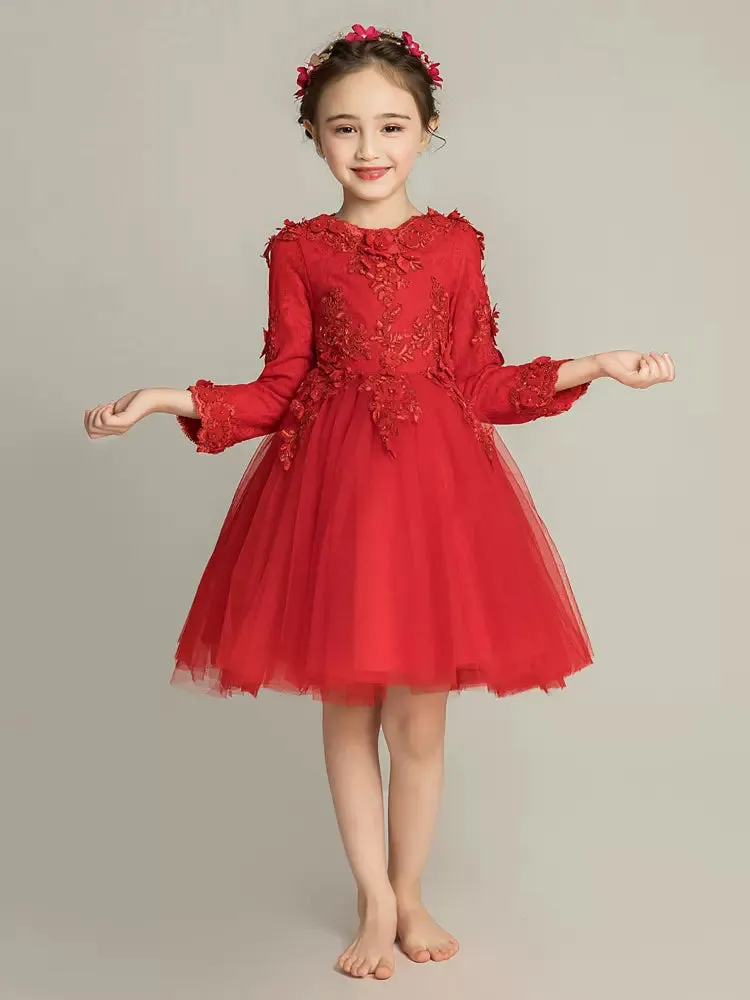 Girls' Long-sleeved Piano Performance Costume Flower Kid's Puffy Yarn Princess Dress