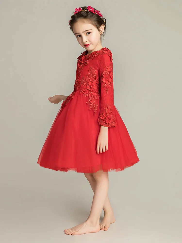 Girls' Long-sleeved Piano Performance Costume Flower Kid's Puffy Yarn Princess Dress