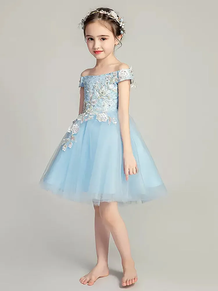 Girls' Off-shoulder Piano Performance Costume Flower Kid's Evening Gown