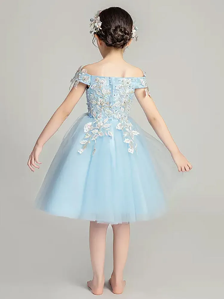 Girls' Off-shoulder Piano Performance Costume Flower Kid's Evening Gown