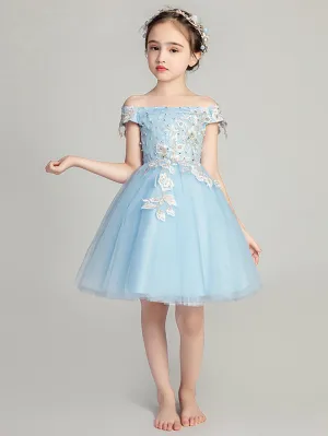 Girls' Off-shoulder Piano Performance Costume Flower Kid's Evening Gown