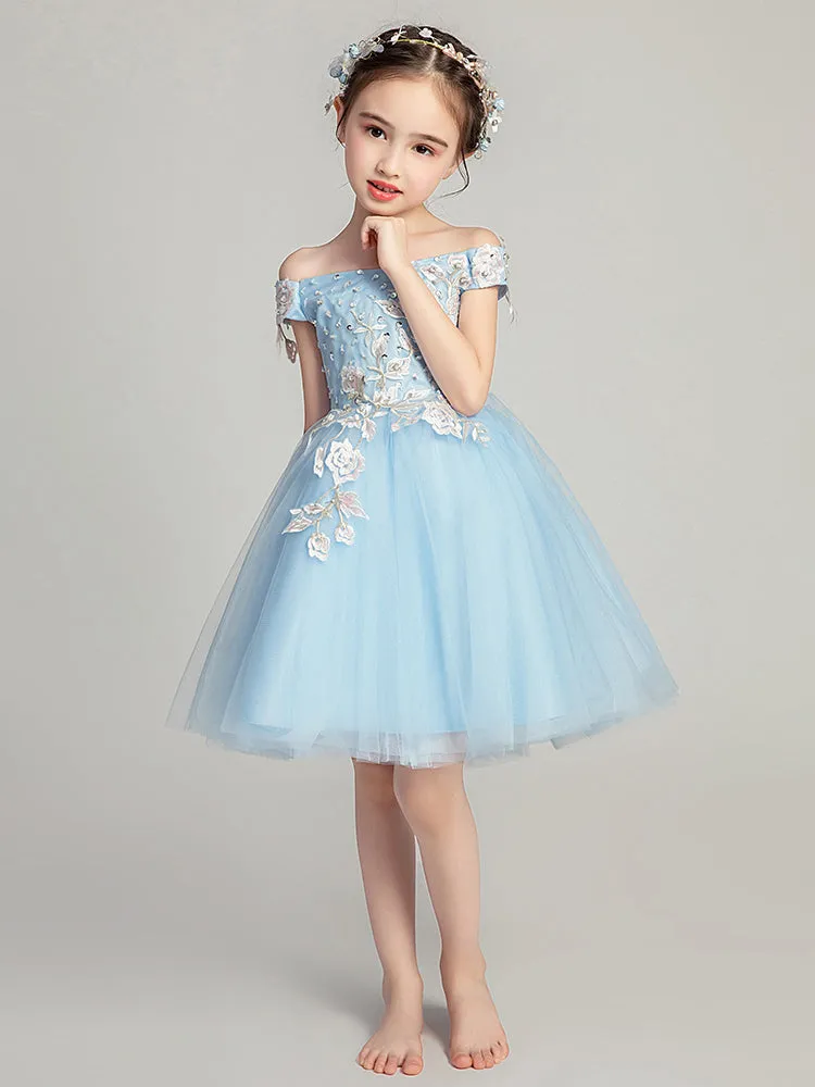 Girls' Off-shoulder Piano Performance Costume Flower Kid's Evening Gown