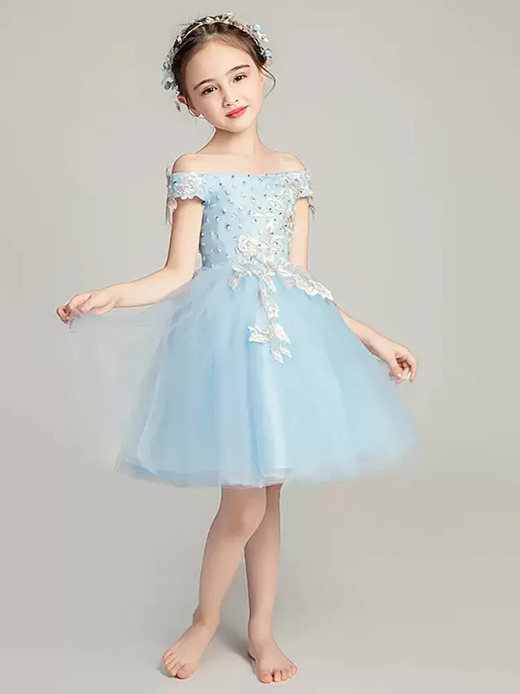 Girls' Off-shoulder Piano Performance Costume Flower Kid's Evening Gown