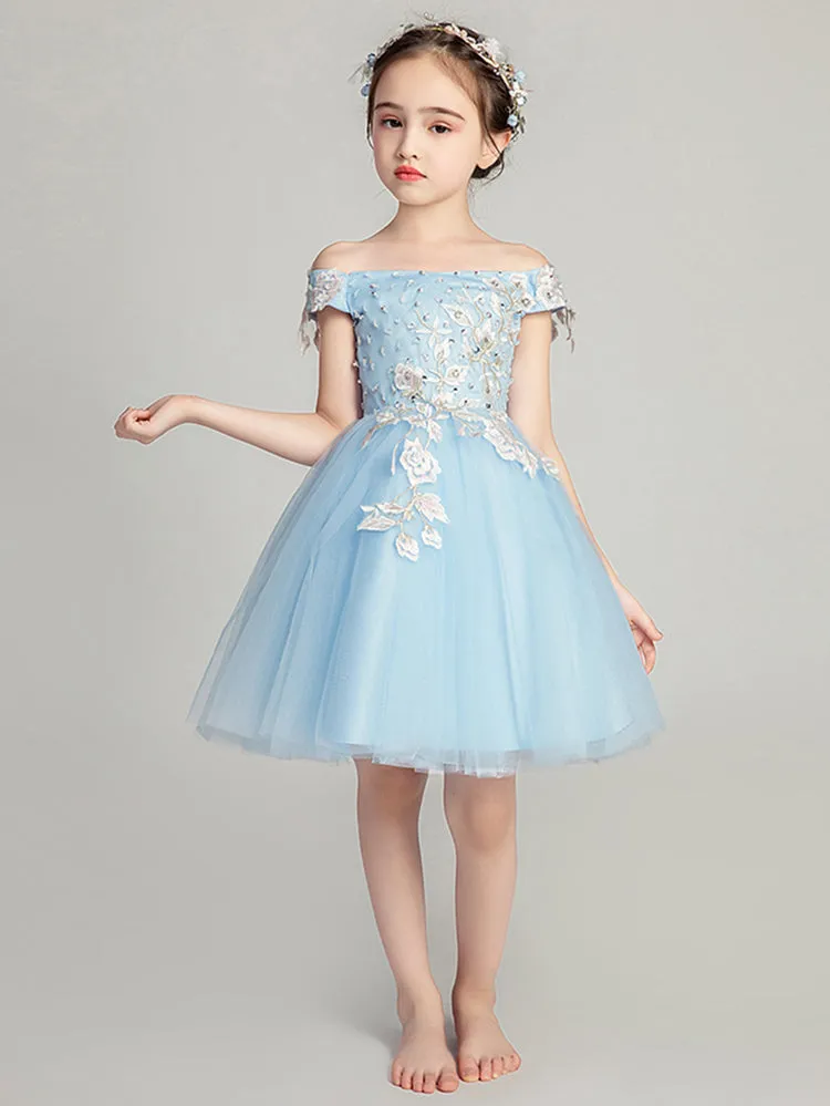 Girls' Off-shoulder Piano Performance Costume Flower Kid's Evening Gown
