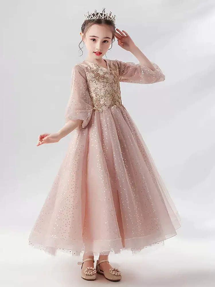 Girls Princess Dress Piano Performance Costume Evening Gown Flower Girl Puffy Dress