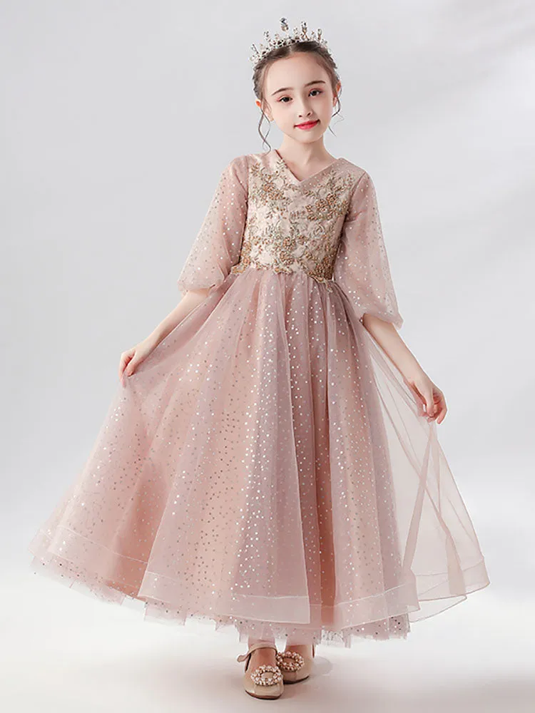 Girls Princess Dress Piano Performance Costume Evening Gown Flower Girl Puffy Dress