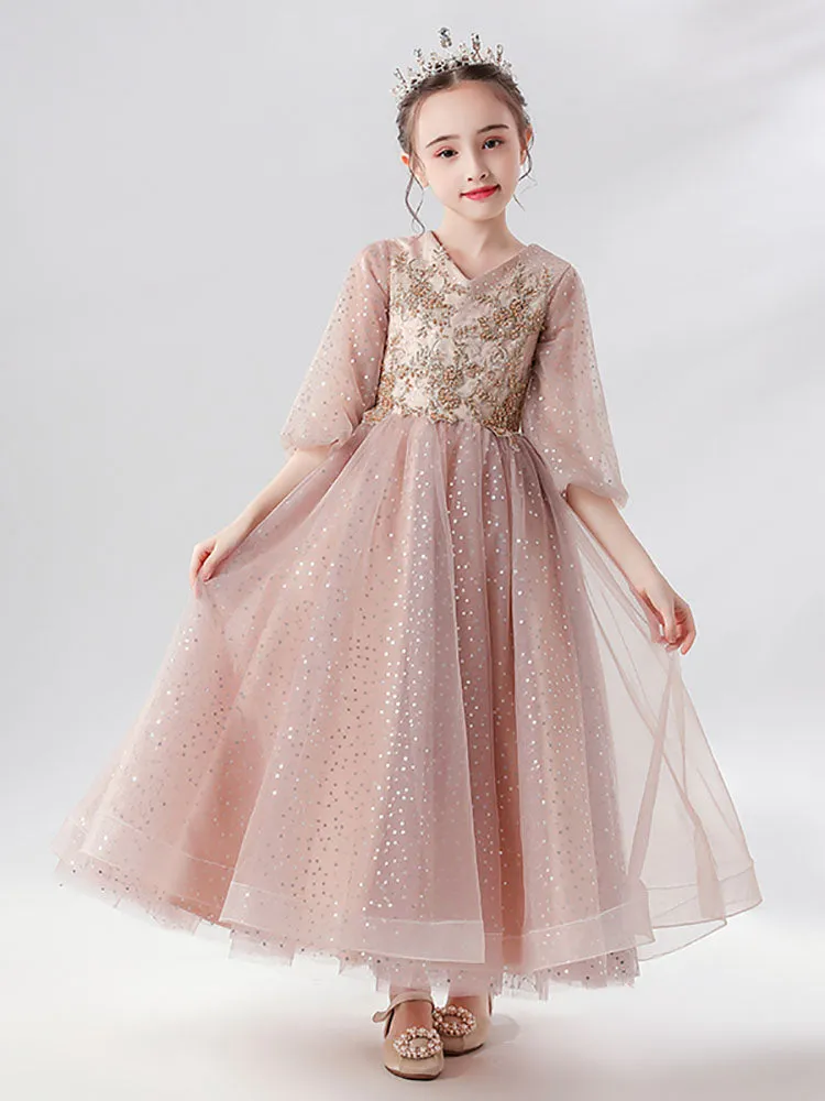 Girls Princess Dress Piano Performance Costume Evening Gown Flower Girl Puffy Dress