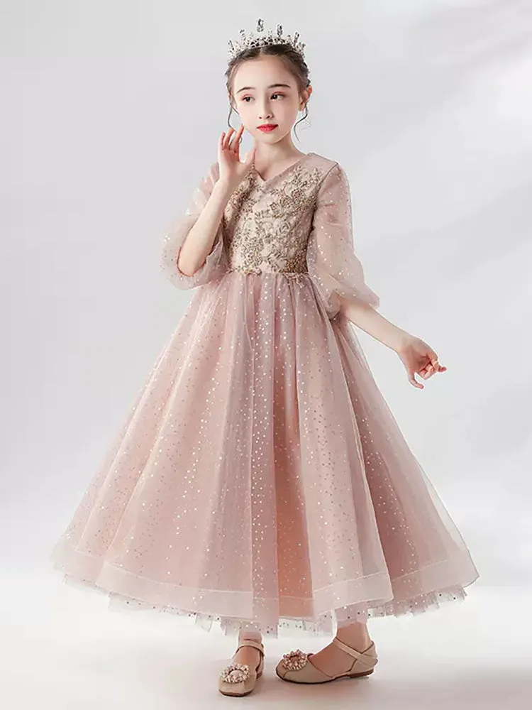 Girls Princess Dress Piano Performance Costume Evening Gown Flower Girl Puffy Dress