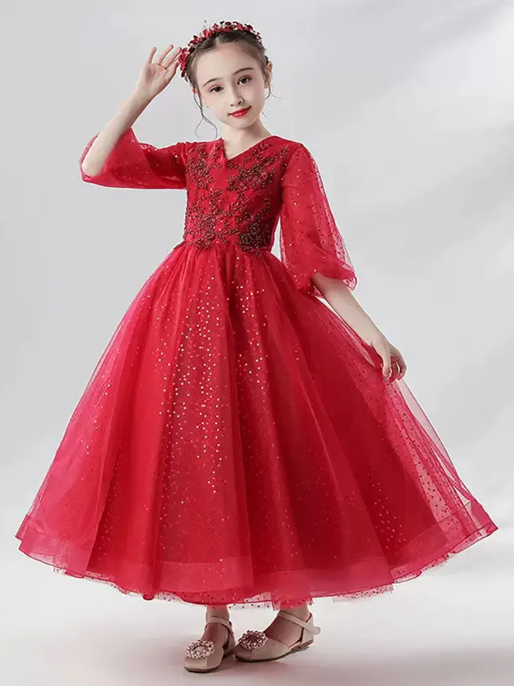 Girls Princess Dress Piano Performance Costume Evening Gown Flower Girl Puffy Dress
