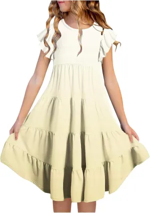 Girls Summer Dresses Double Layer Flutter Sleeve Flowy A-Line Sundress Casual Gradient Midi Dresses for 6-15 Years