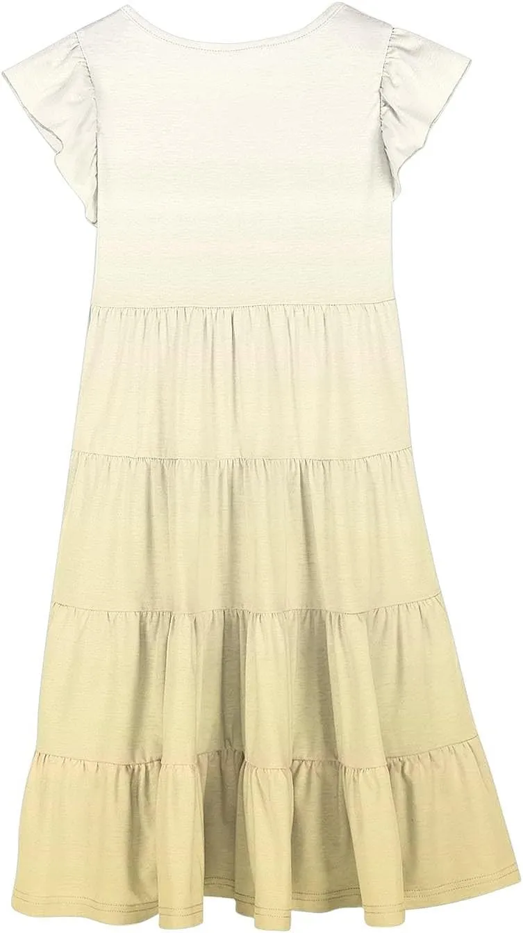 Girls Summer Dresses Double Layer Flutter Sleeve Flowy A-Line Sundress Casual Gradient Midi Dresses for 6-15 Years