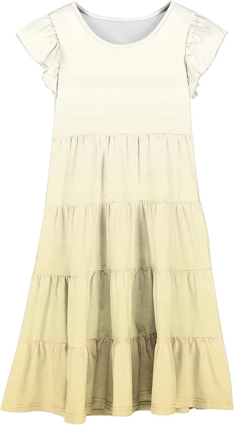 Girls Summer Dresses Double Layer Flutter Sleeve Flowy A-Line Sundress Casual Gradient Midi Dresses for 6-15 Years