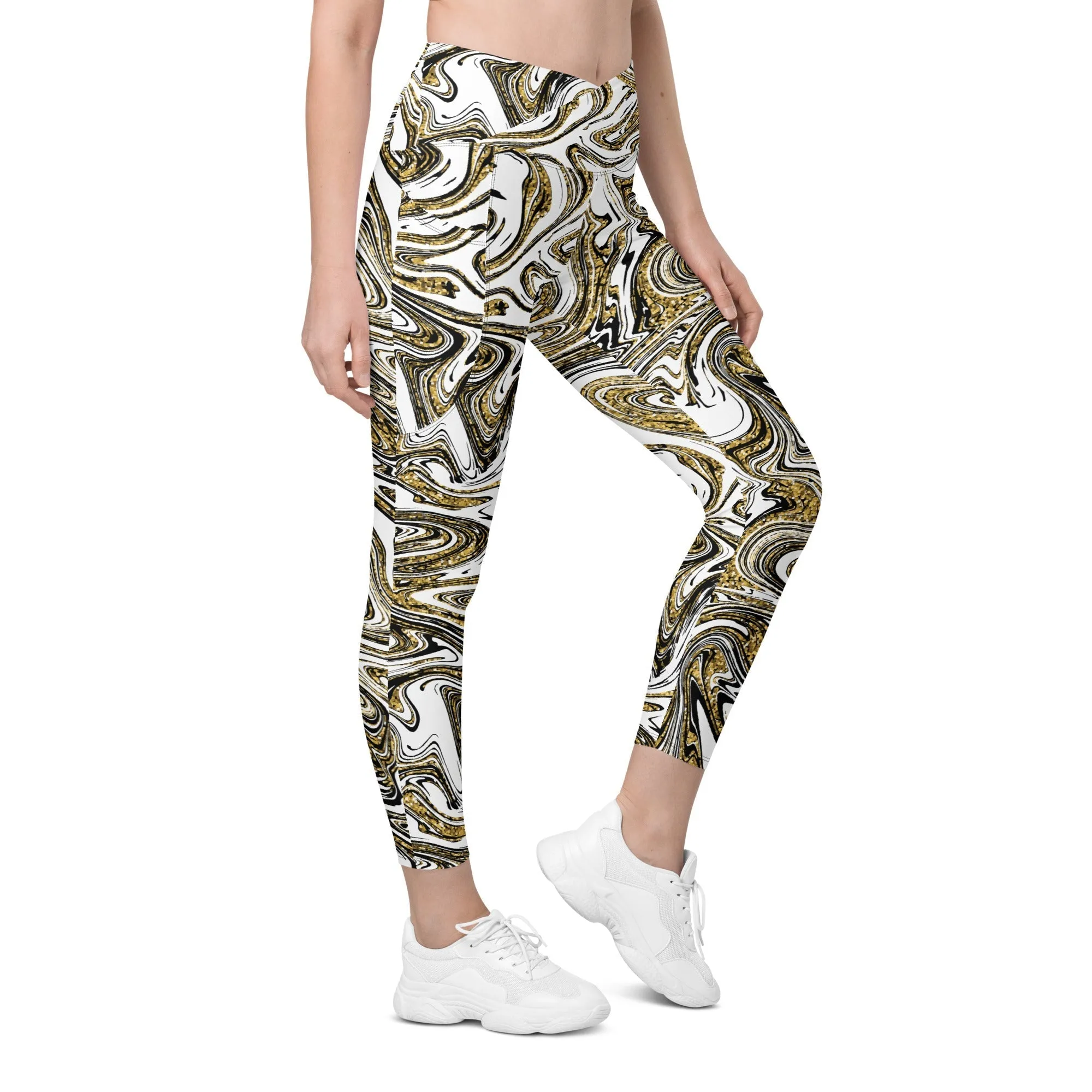 Glitter Print Marble Crossover Leggings With Pockets