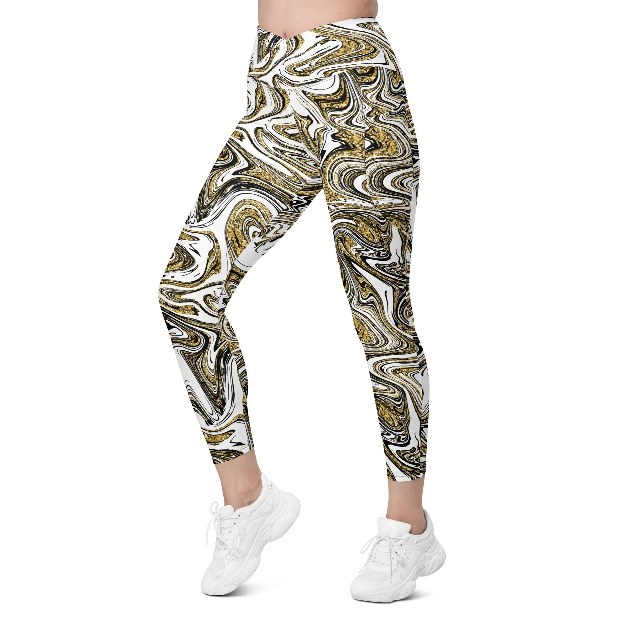 Glitter Print Marble Crossover Leggings With Pockets