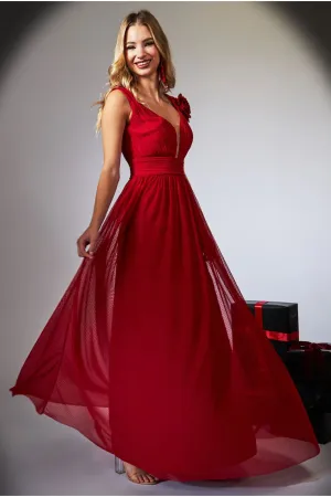 Goddiva Sleeveless Pleated Dobby Mesh Corsage Maxi Dress - Red