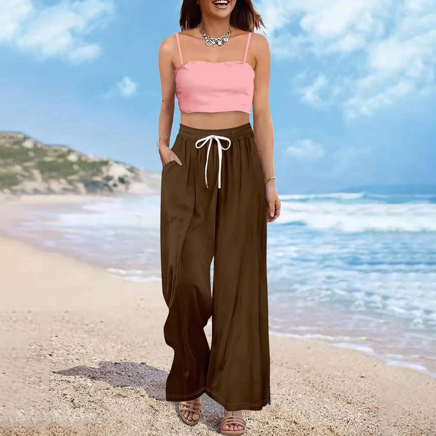 GOFULY Wide Leg Flowy Pants for Women Summer 2025 Beach Palazzo Pants High Elastic Waist Drawstring Side Slit Pockets Trouser