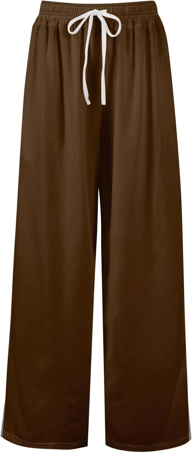 GOFULY Wide Leg Flowy Pants for Women Summer 2025 Beach Palazzo Pants High Elastic Waist Drawstring Side Slit Pockets Trouser