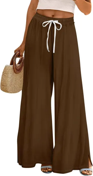 GOFULY Wide Leg Flowy Pants for Women Summer 2025 Beach Palazzo Pants High Elastic Waist Drawstring Side Slit Pockets Trouser