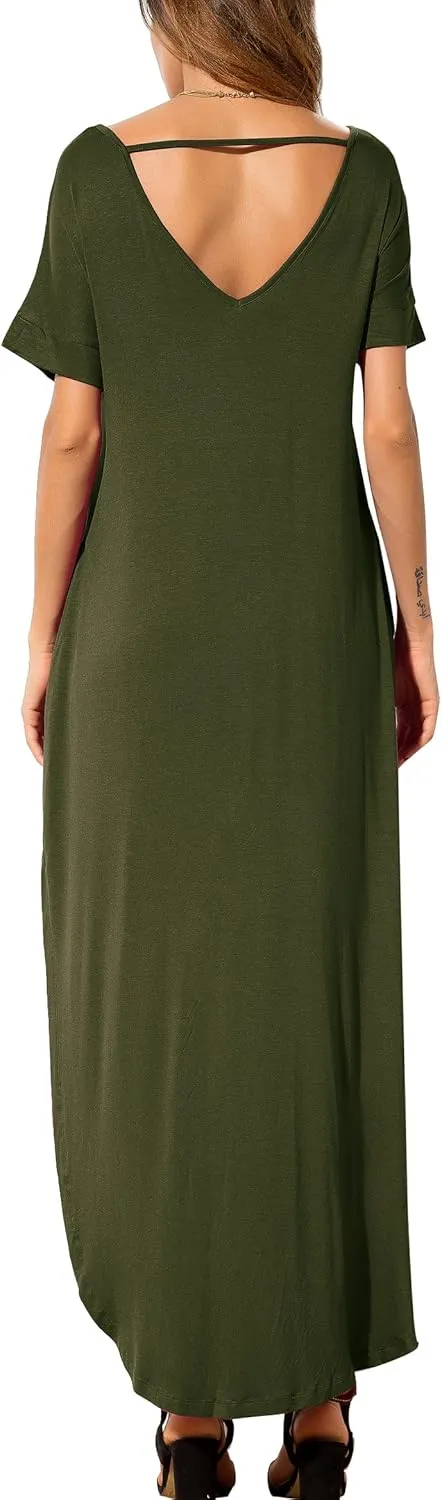 GRECERELLE Women's Casual Loose Pocket Long Dress Short Sleeve Split Maxi Dresses