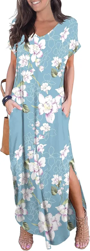 GRECERELLE Women's Casual Loose Pocket Long Dress Short Sleeve Split Maxi Dresses