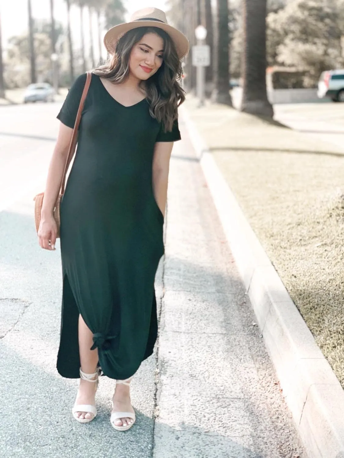 GRECERELLE Women's Casual Loose Pocket Long Dress Short Sleeve Split Maxi Dresses