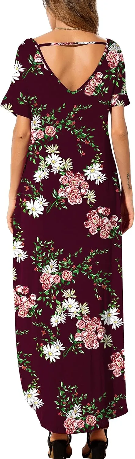GRECERELLE Women's Casual Loose Pocket Long Dress Short Sleeve Split Maxi Dresses