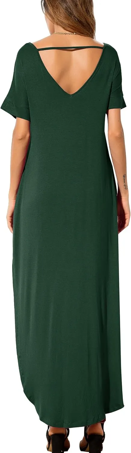 GRECERELLE Women's Casual Loose Pocket Long Dress Short Sleeve Split Maxi Dresses
