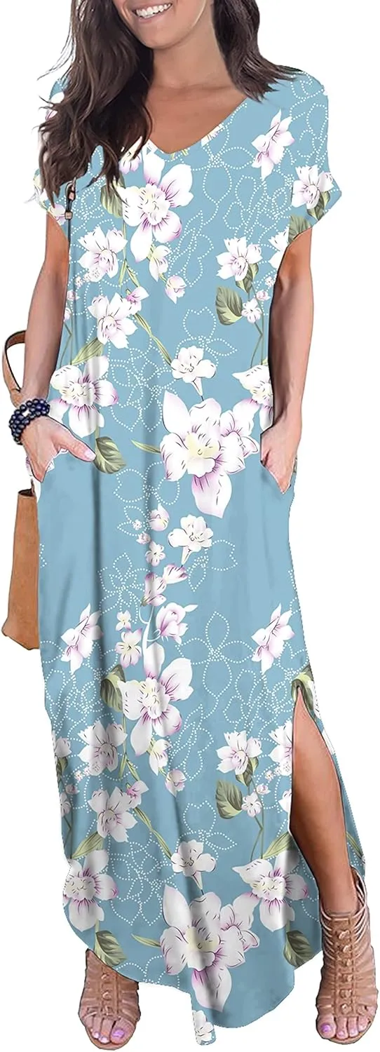 GRECERELLE Women's Casual Loose Pocket Long Dress Short Sleeve Split Maxi Dresses