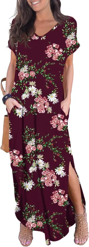 GRECERELLE Women's Casual Loose Pocket Long Dress Short Sleeve Split Maxi Dresses