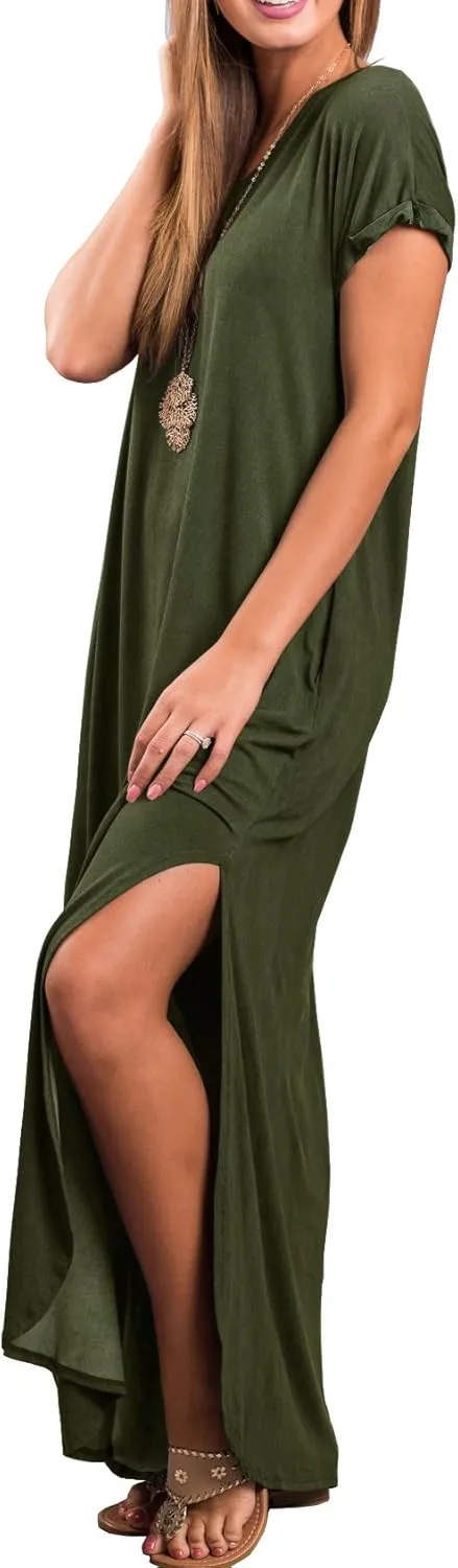 GRECERELLE Women's Casual Loose Pocket Long Dress Short Sleeve Split Maxi Dresses