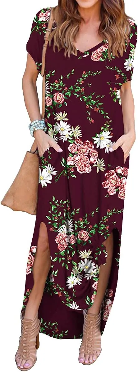 GRECERELLE Women's Casual Loose Pocket Long Dress Short Sleeve Split Maxi Dresses