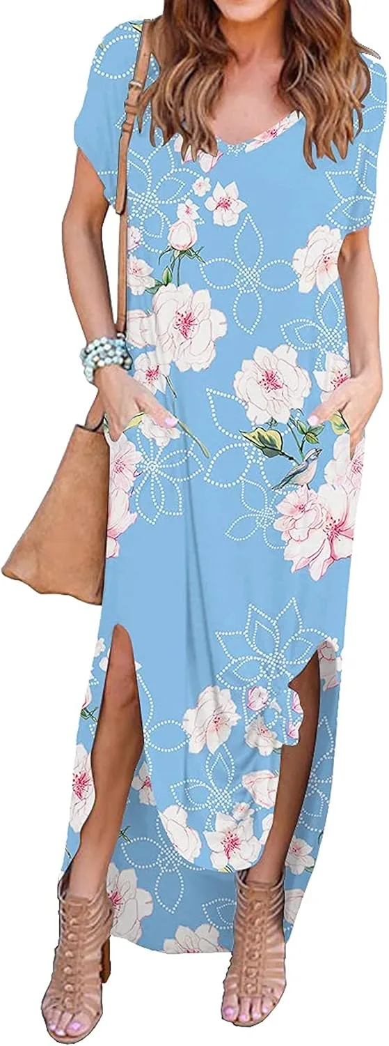 GRECERELLE Women's Casual Loose Pocket Long Dress Short Sleeve Split Maxi Dresses