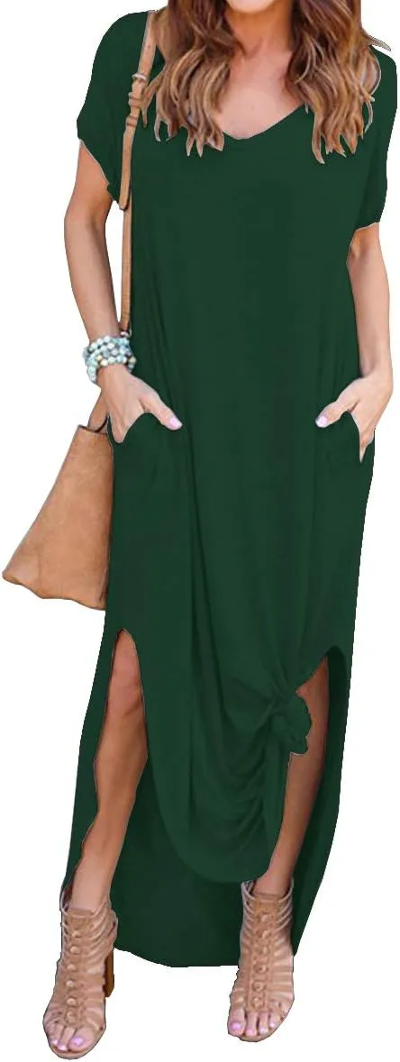 GRECERELLE Women's Casual Loose Pocket Long Dress Short Sleeve Split Maxi Dresses
