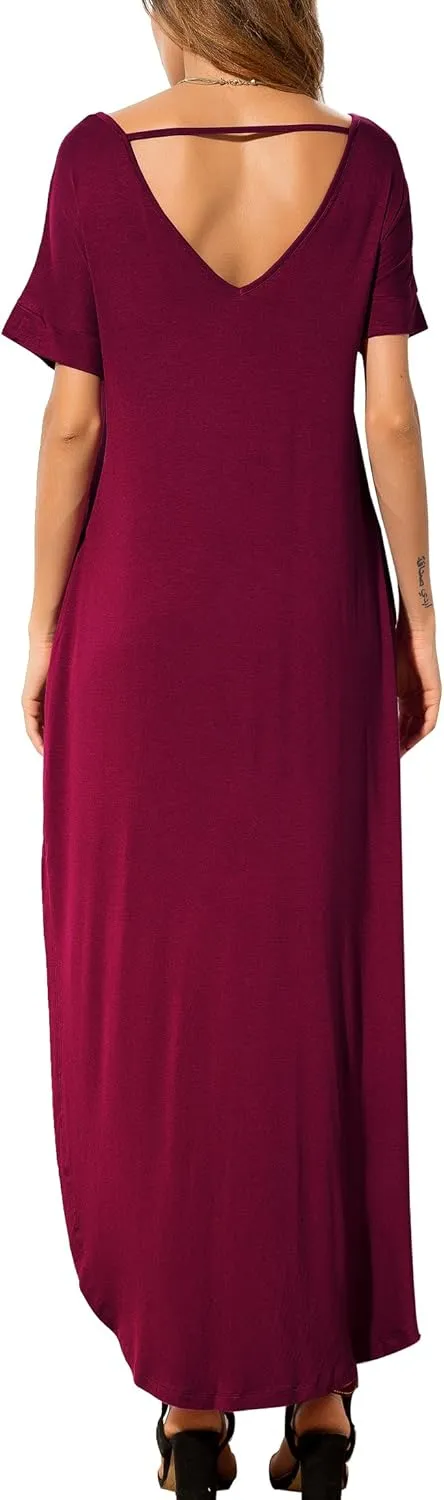 GRECERELLE Women's Casual Loose Pocket Long Dress Short Sleeve Split Maxi Dresses