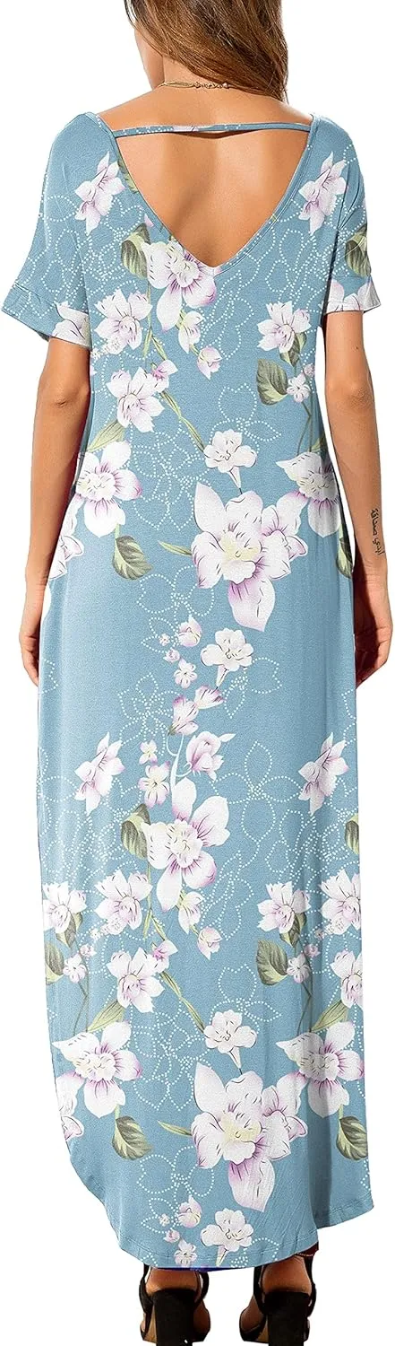 GRECERELLE Women's Casual Loose Pocket Long Dress Short Sleeve Split Maxi Dresses