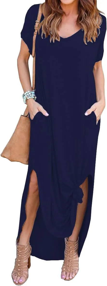 GRECERELLE Women's Casual Loose Pocket Long Dress Short Sleeve Split Maxi Dresses
