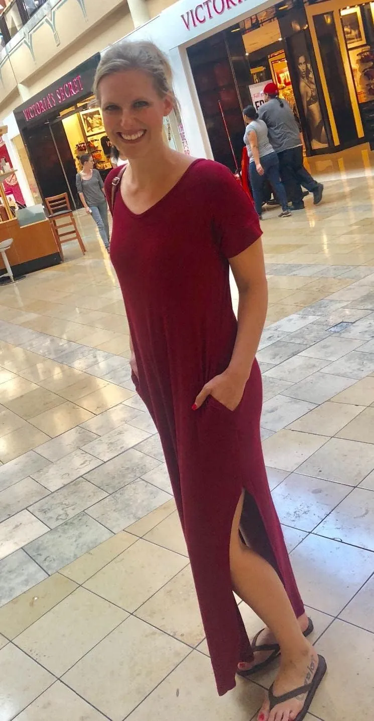 GRECERELLE Women's Casual Loose Pocket Long Dress Short Sleeve Split Maxi Dresses