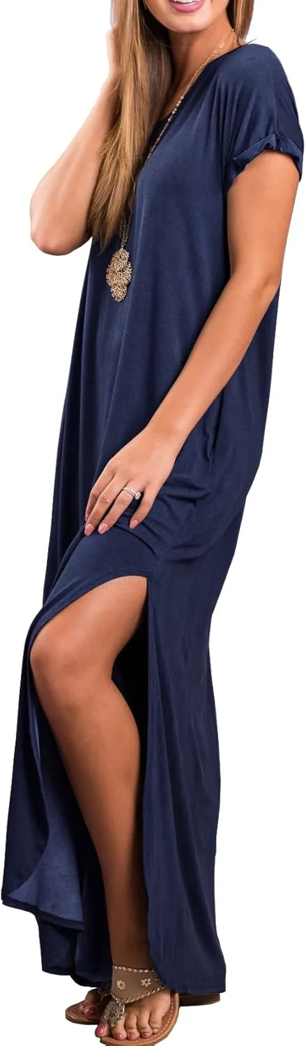 GRECERELLE Women's Casual Loose Pocket Long Dress Short Sleeve Split Maxi Dresses