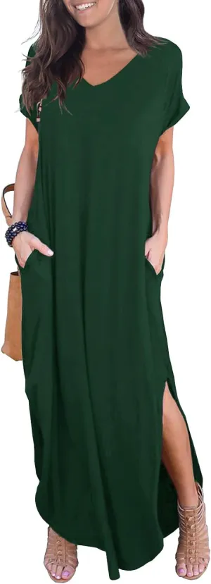 GRECERELLE Women's Casual Loose Pocket Long Dress Short Sleeve Split Maxi Dresses
