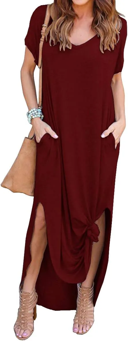 GRECERELLE Women's Casual Loose Pocket Long Dress Short Sleeve Split Maxi Dresses