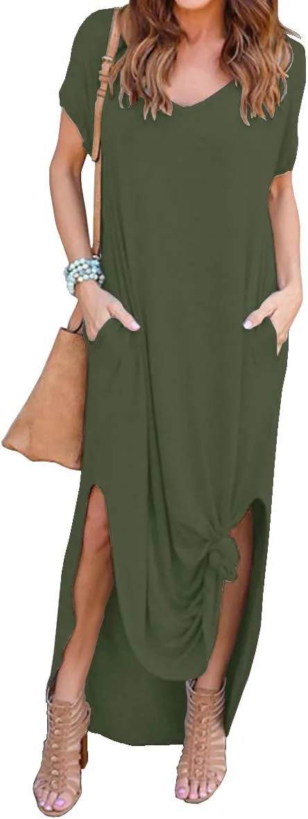 GRECERELLE Women's Casual Loose Pocket Long Dress Short Sleeve Split Maxi Dresses