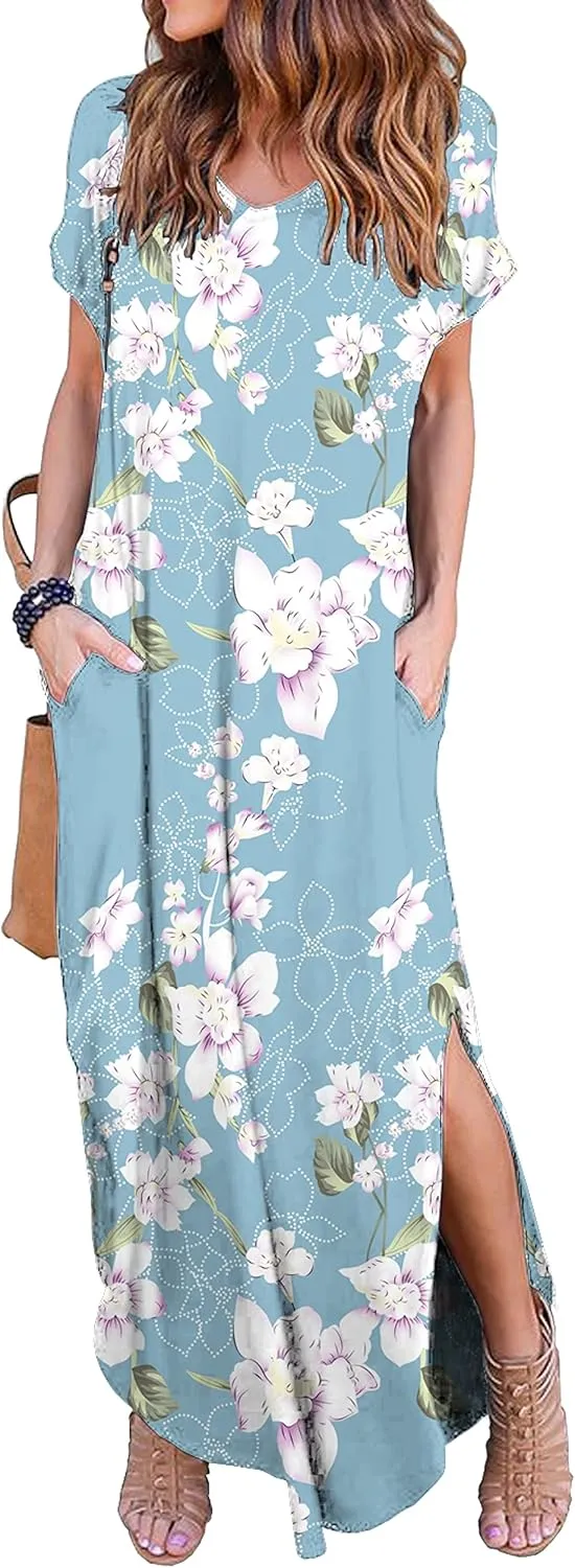 GRECERELLE Women's Casual Loose Pocket Long Dress Short Sleeve Split Maxi Dresses