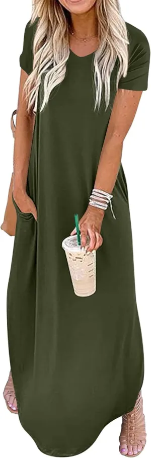 GRECERELLE Women's Casual Loose Pocket Long Dress Short Sleeve Split Maxi Dresses