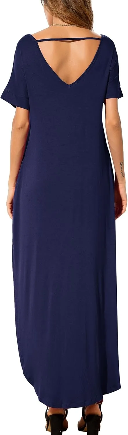 GRECERELLE Women's Casual Loose Pocket Long Dress Short Sleeve Split Maxi Dresses
