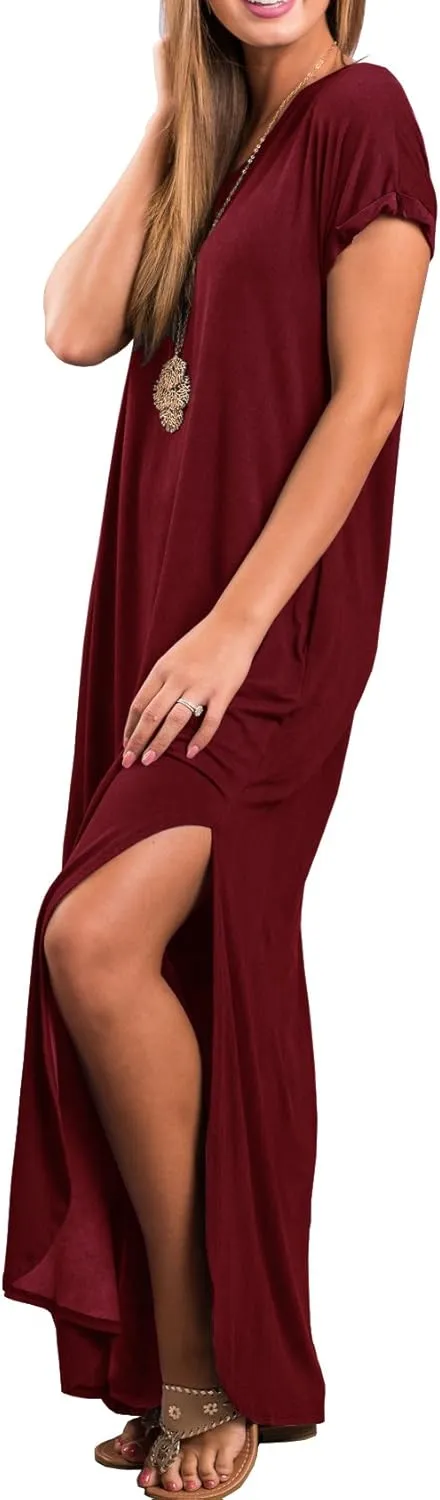 GRECERELLE Women's Casual Loose Pocket Long Dress Short Sleeve Split Maxi Dresses