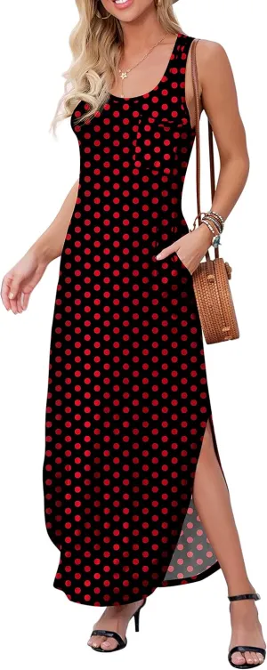 GRECERELLE Women's Sleeveless Summer Long Slit Casual Solid Floral Print Maxi Dress with Pocket